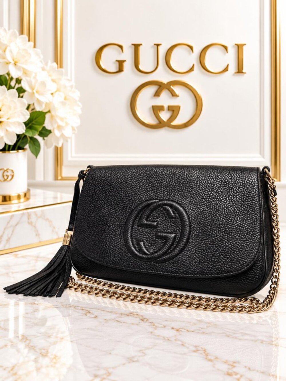 Authentic Gucci Soho Black Leather Chain Crossbody Bag GG Tassel